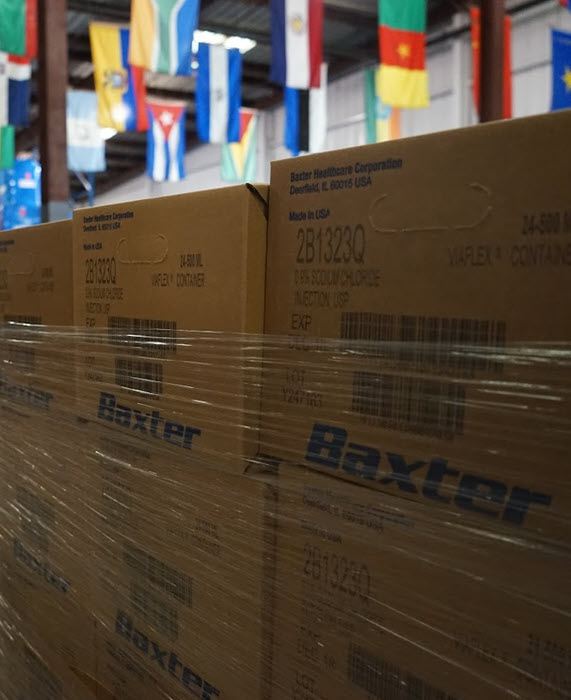 Boxes of Baxter product stacked up to be shipped