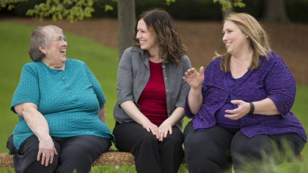 Three generations of a Baxter family have helped save and sustain lives at Baxter for more than 16 years. From left to right: Ruth Beiswenger, Laura’s daughter Rachel, and Ruth’s daughter Laura.