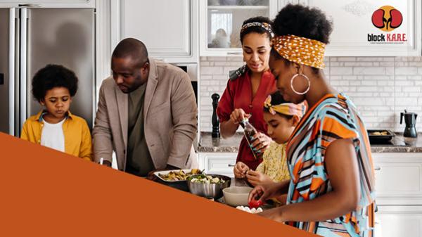 A family gathers in the kitchen