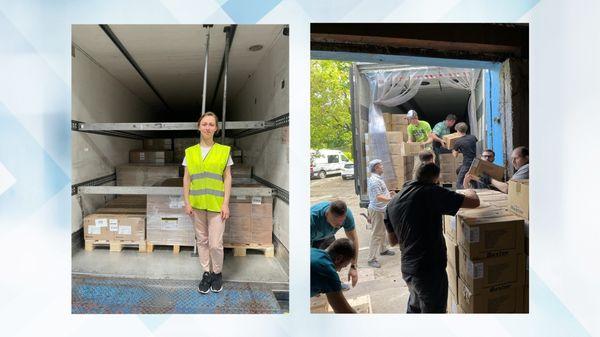 Employees and humanitarian organizations deliver donated products
