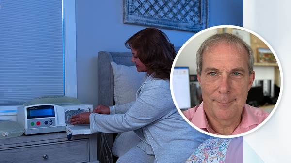 Headshot of Peter Rutherford with home dialysis machine in the background