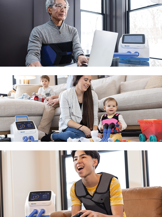 Patients of varying ages are shown using The Vest APX System in their homes