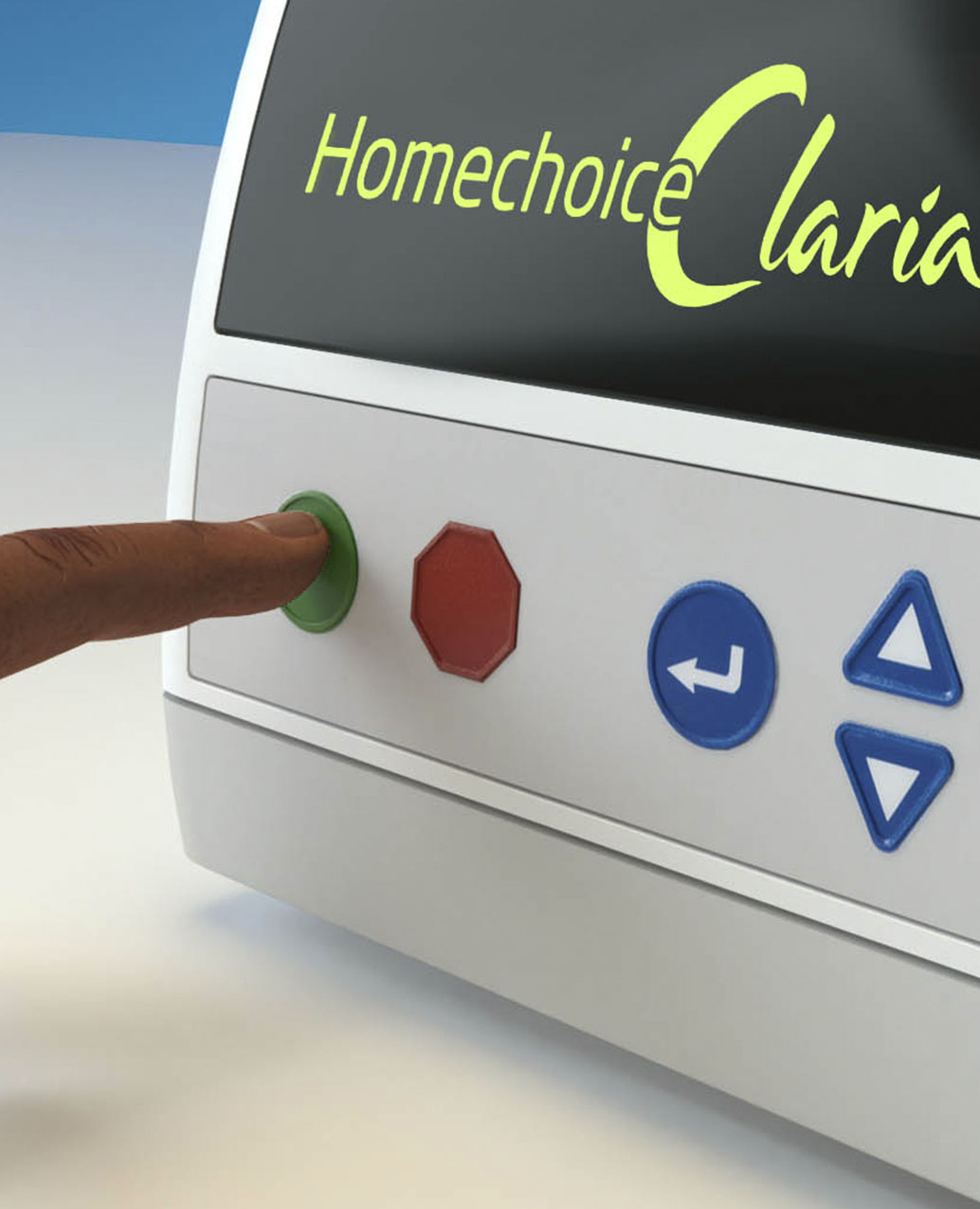 Closeup of a person pressing a button on Homechoice Claria